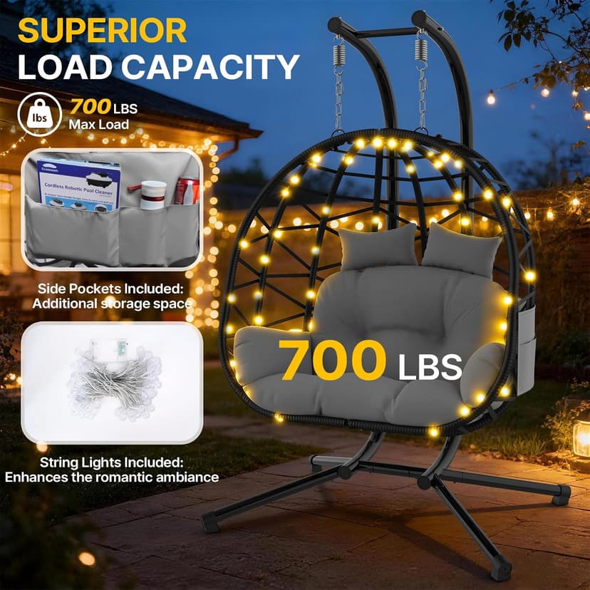 Suteck Double Hanging Egg Chair with Stand, Outdoor Indoor 2 Person Wicker Egg Swing Chair with Cushion, 700lbs Capacity for Patio, Bedroom, Garden - Black