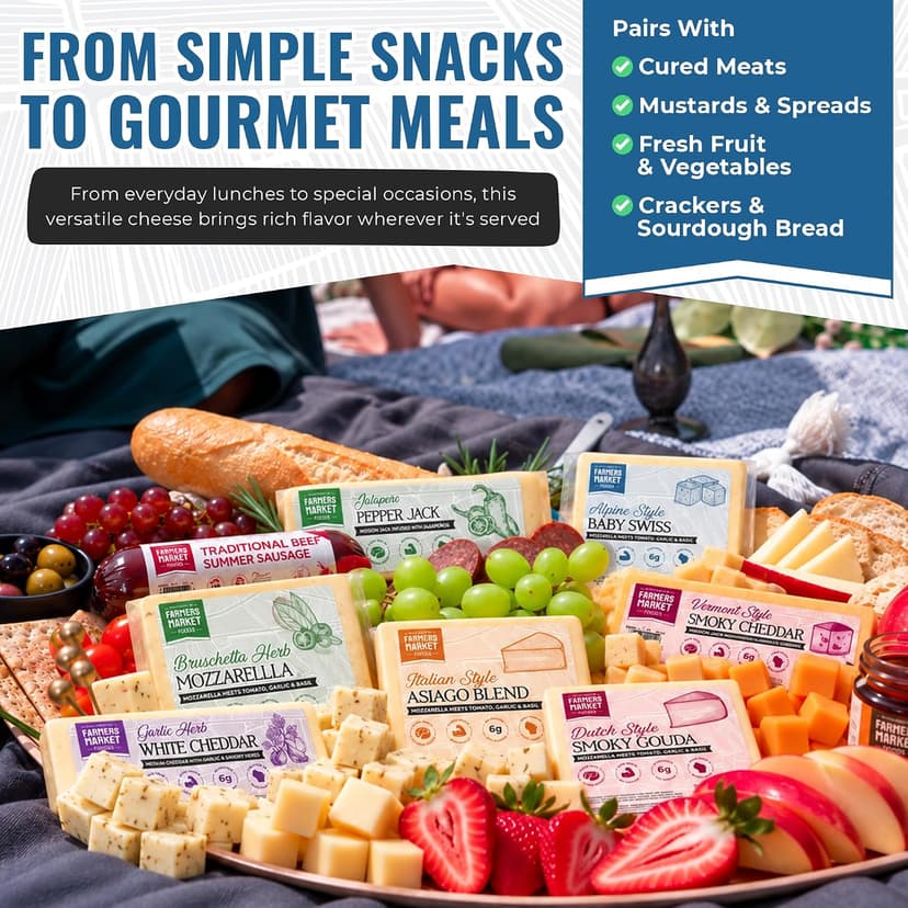 Garlic, Smokey Cheddar, Sharp Cheddar, Pepper Jack, Gouda, Swiss, Mozzarella & Italian Blend – Gluten Free, Keto & Paleo Farmers Market Wisconsin Cheese Artisan Gift Set for Charcuterie, 8 Count B0CRMBJ81D