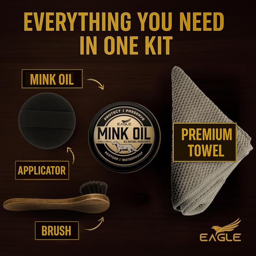 Eagle 4-in-1 Mink Oil Leather Conditioner Kit – 3.52oz Waterproof Paste with Horsehair Brush, Sponge & Microfiber Cloth – Leather Cleaner & Protector for Boots, Shoes, Jackets, Saddles & Bags
