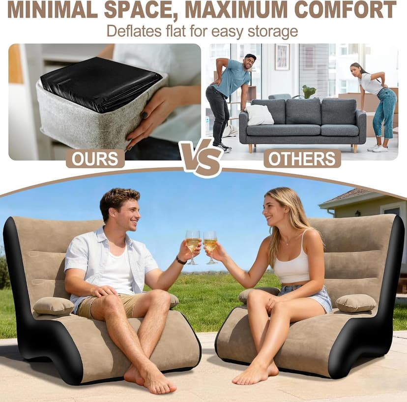 FluSing Inflatable Couch for Camping, Blow Up Couch for Adults with Armrest, Waterproof Flocked Surface Inflatable Sofa Bed Indoor, Portable Inflatable Chairs for Movie Night, Air Sofa Outdoor