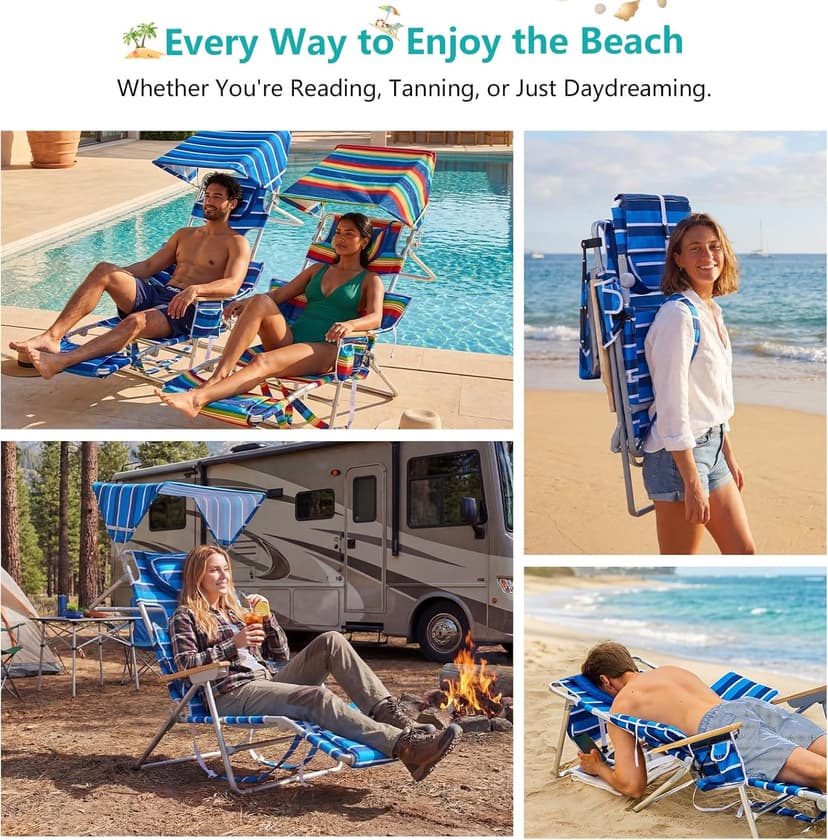 Oversized Beach Chair for Adults,5 Position Adjustable Tanning Chair with Sun Canopy,Folding Reclining Lounge Chir with Face Holes,Backpack Portable for Patio Pool Camping (Blue-White,Medium)