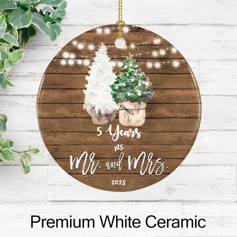 5th Anniversary Ornament Gifts for Couple, 5 Year Wedding for 5th Anniversary, Ceramic Keepsake 5 Year as Mr and Mrs Christmas Ornaments