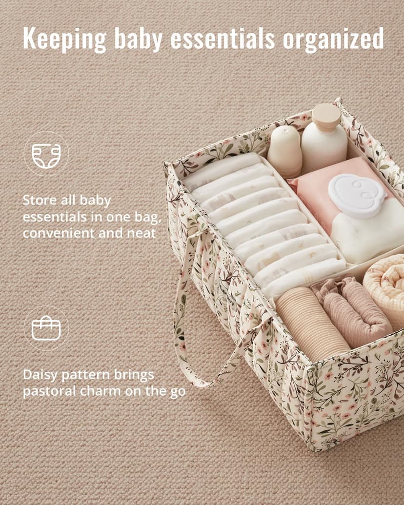 Portable Storage Basket with Removable Dividers, Gift for Baby Shower, Newborn Boy & Girl Essentials, Baby Registry Must Have Blissful Diary Floral Diaper Caddy Organizer Storage Basket, Pastoral Daisy B0DGXCCBR5