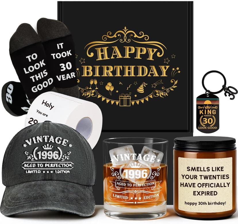 30th Birthday Gifts for Men, 30th Men’s Birthday Gifts for Men Who Have Everything Vintage 1996 Whiskey Glass Baseball Cap 30 Year Old Funny Personalized Birthday Gifts for Him Husband Boyfriend Dad B0FVFCPSLS