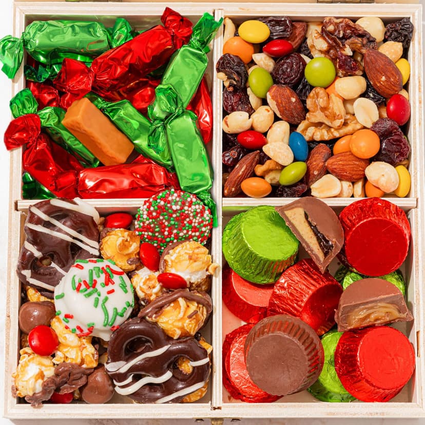 Christmas Gift Basket, Holiday Gourmet Treats- Variety Snack Crate- Candy Tray Food Assortment Idea- For Women, Men, Family 4 Section- Bonnie and Pop