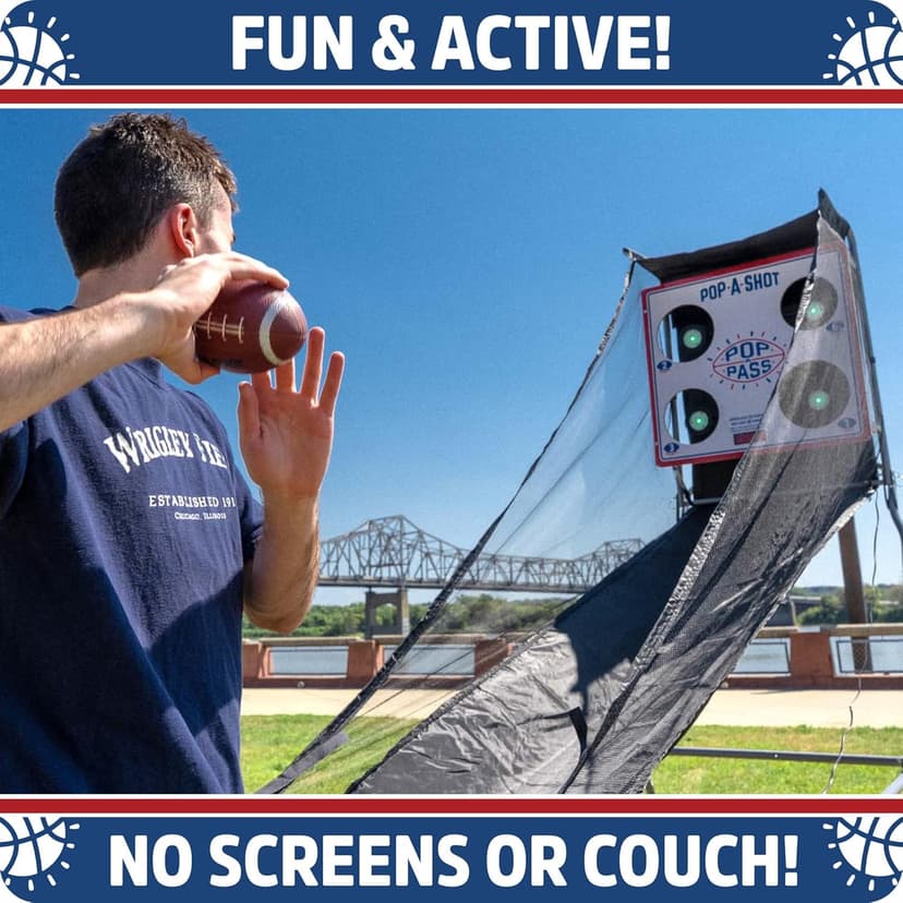 Pop-A-Shot Official Pop-A-Pass Electronic Arcade Style Football Toss Game | 4 Inflatable Mini Footballs | Foldable, Portable, Tote Bag Included