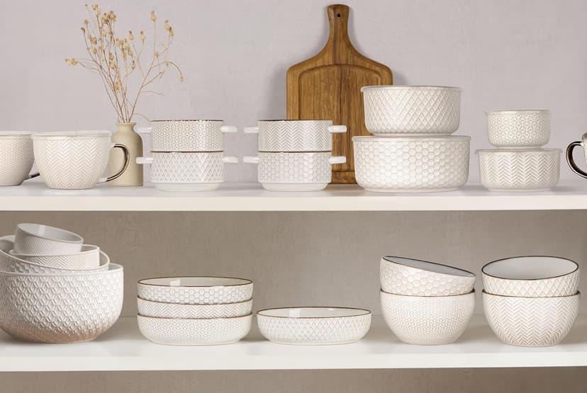 Narbonne Collection, Stackable, For Prep & Serving, 10/17/29/47 oz, Leak-Proof Lids, Steam Vent, Microwave & Dishwasher Safe KooK Ceramic Nesting Bowls with Lids, Embossed Stoneware, Set of 4, Ivory B0BJS6M86W