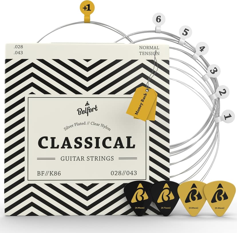 Belfort Classical Guitar Strings Nylon - Classical Nylon Strings Coated in Silver - 6 Guitar String Set + Extra 1E - Cuerdas para guitarra acustica - Cuerdas de guitarra acustica