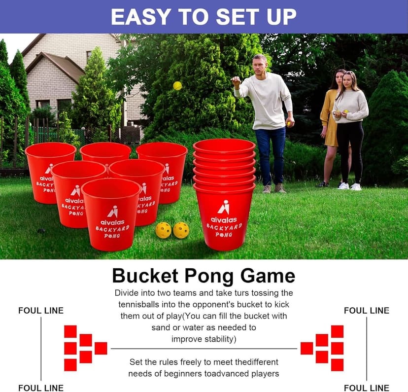 Aivalas Yard Pong Outdoor Games, Giant Yard Games Set with 12 Buckets and Balls for Adults and Family, Toss Game Throwing Games for Beach, Camping, Lawn and Backyard