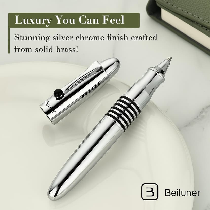 BEILUNER 320 Silver Chrome Rollerball - Stunning Luxury Pen with Chrome Finish, EDC, Heavy, Schmidt Black Ink Refill, Best Gift Set for Men & Women, Professional, Executive Office, Nice Classic Pens