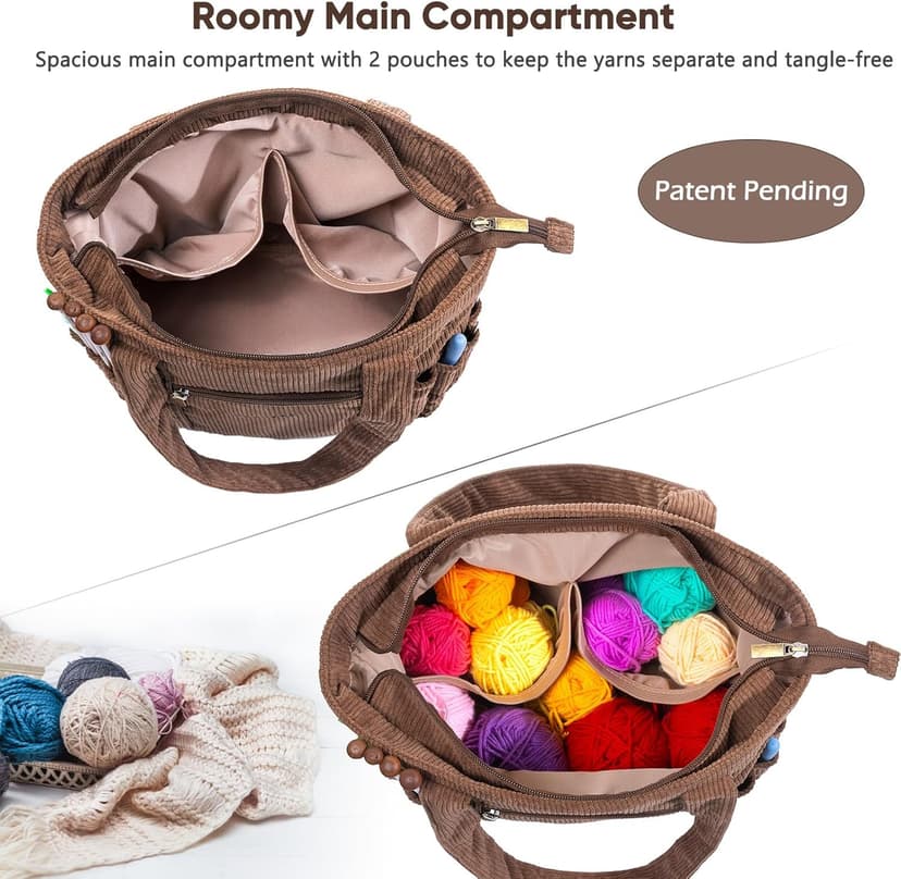 Crochet Bag and Tote - Corduroy Yarn Bag - Yarn Holder for Crocheting - Crochet Storage Bag for Crochet Hooks, Crochet Accessories, Knitting Bag for Crochet Lovers, Mother's Day Gift