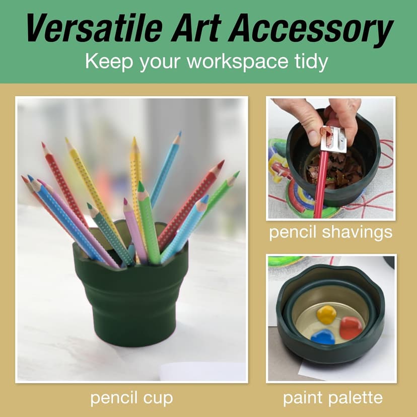 Faber-Castell Clic & Go Artist Water Cup, Dark Green - Travel-Friendly Collapsible Brush Cleaner Tool with Brush Stand, Scalloped Rim, Non-Slip Base, Portable Palette & Rinser B007TYWDQE