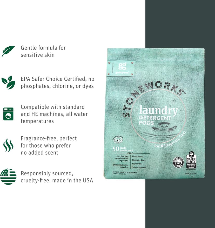 Grab Green Stoneworks Laundry Detergent Pods Sample Kit, 10 Count, Birch Branch, Fragrance Free Rain, Oak Tree, Olive Leaf, Rose Petal Scents, Plant a Tree