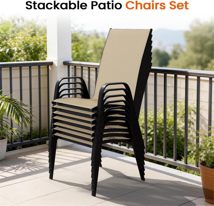 JEAREY Patio Dining Chairs Set of 4, Outdoor Stackable Dining Furniture Set, All Weather Dining Set for Lawn, Garden, Poolside, Beige
