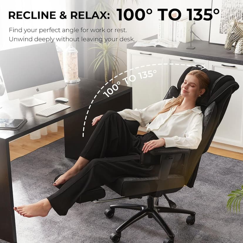 Dowinx Big and Tall Office Chair with Massage Lumbar Support,Executive Office Chair with Wide Thick Seat Cushion and Adjustable Armrest,Mesh Computer Gaming Chairs with Footrest,Black