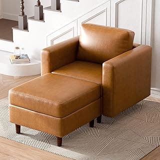 ABCASA Faux Leather Accent Chair with Ottoman,Upholstered Armchair with Storage,Extra-Deep-Seated Modular Single Sofa,Reading Chair with Footrest for Living Room Lounge Chair Brown