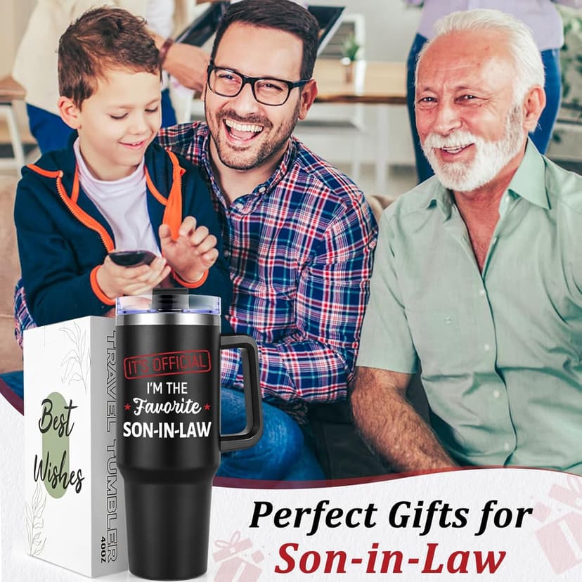 Lifecapido Son in Law Gifts, Favorite SON-IN-LAW 40oz Tumbler with Handle, Birthday Fathers Day Christmas Engagement Wedding Gifts for Son in Law from Mom in Law Dad in Law, Black