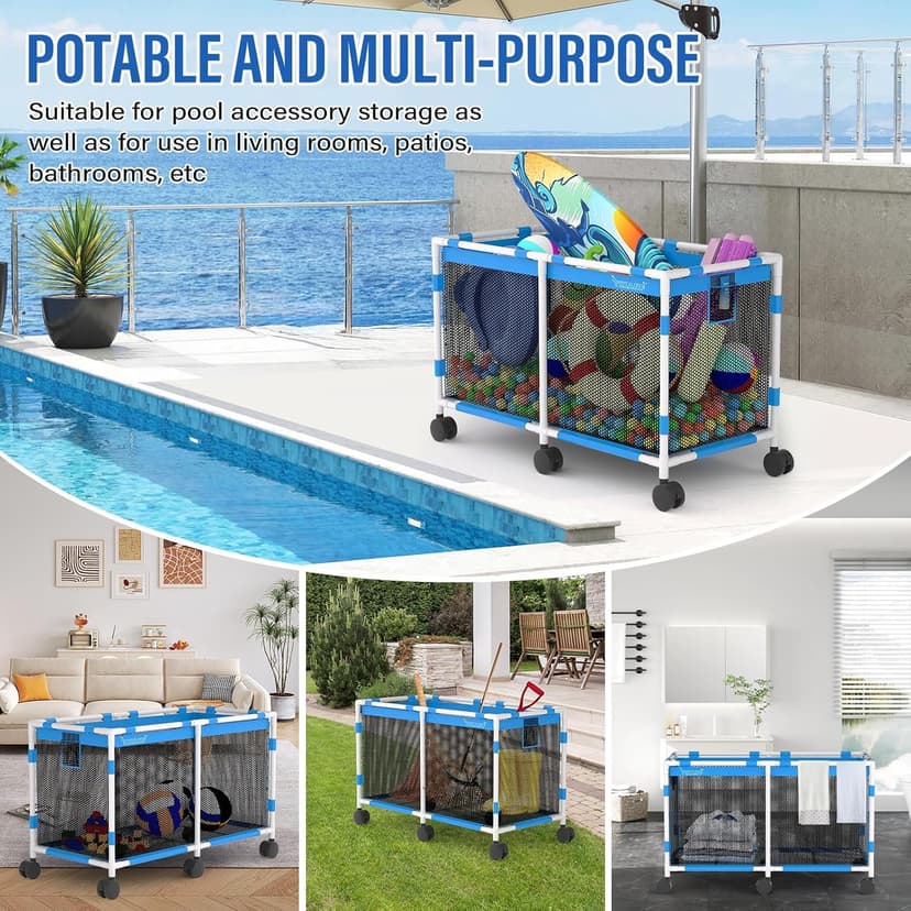 Pool Storage Bin - 235 Gallon 69" L Extra Large Pool Float Storage Organizer with Heavy Duty Tear & Sunlight Resistant Nylon Mesh, 360° Rolling Pool cart for Noodles,Toys,Floats,Balls