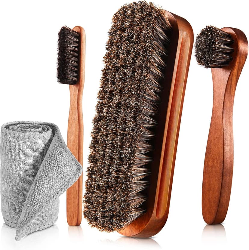 ZJoey 4 Pcs Horsehair Shine Shoes Brush Kit Polish Dauber Applicators Cleaning Leather Shoes Boots Care Brushes Suede Cleaner Brush with Microfiber Shoe Cloth(4 Pcs Style A)