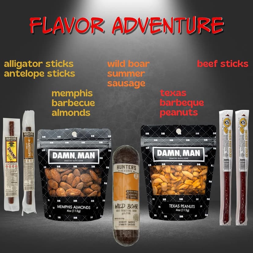 Beef Jerky Gift Basket for Men - Fathers Day, Birthday Gift for Men, Dad - Includes Exotic Jerky Snacks, Alligator, Venison, Boar, Gourmet Nuts, Beef Stick Food Gifts