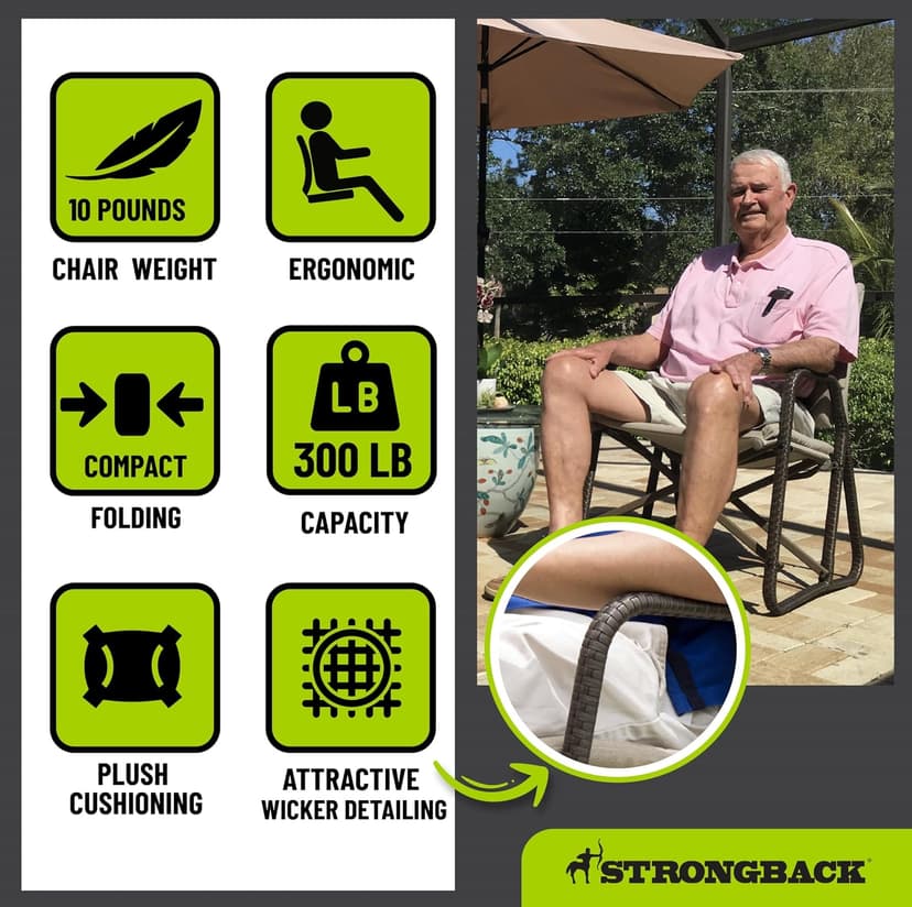 STRONGBACK Folding Patio Chair - Ergonomic Design for Back Pain Relief - 21" Seat Width/300 lb Capacity - Plush Olefin Cushions/Durable Magnesium Alloy Frame - Lightweight/Portable Outside Chairs