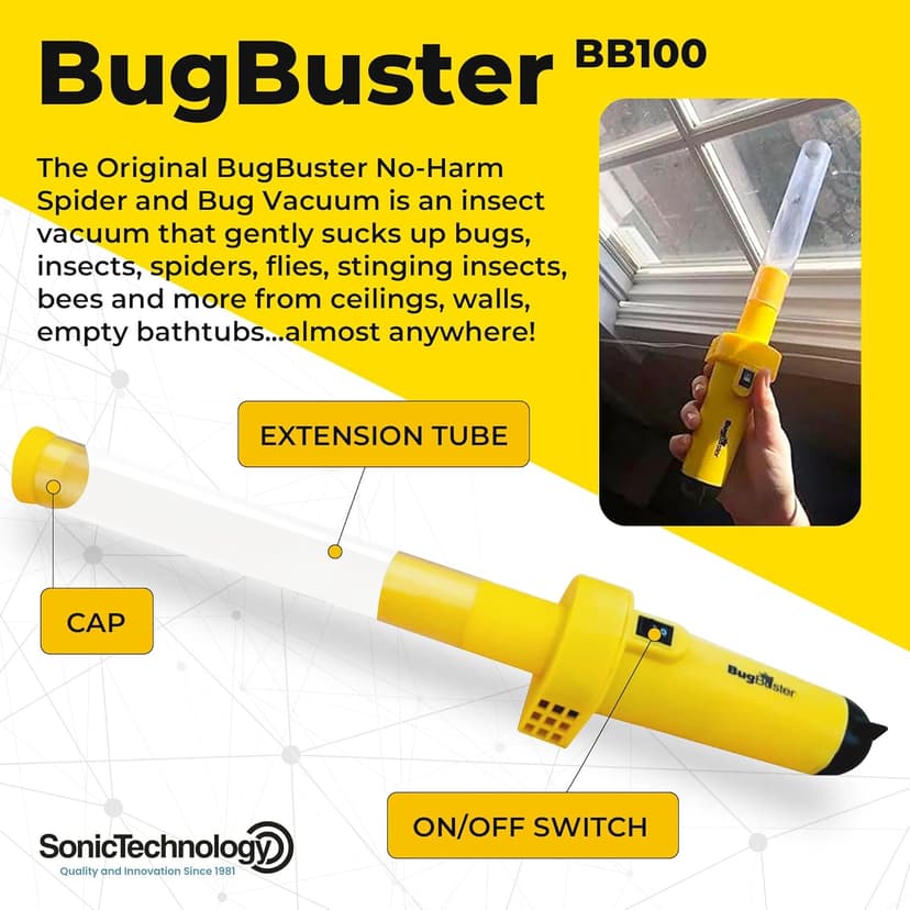 Sonic Technology BugBuster BB100 - Battery Operated Spider Catcher and Release Device, Spider Vacuum Catcher for Kids & Adult, Bug Catch and Release Tool for All Insects with Easy Switch- 14" Yellow
