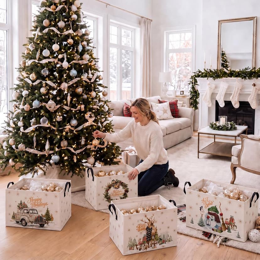 4 Pcs Christmas Storage Basket for Gifts Empty Large Christmas Storage Bins 15 x 10 x 8 Fabric Laundry Baskets with Handle Xmas Collapsible Organizer Boxes for Home Office Gifts Toys Books B0H4M5V4NG