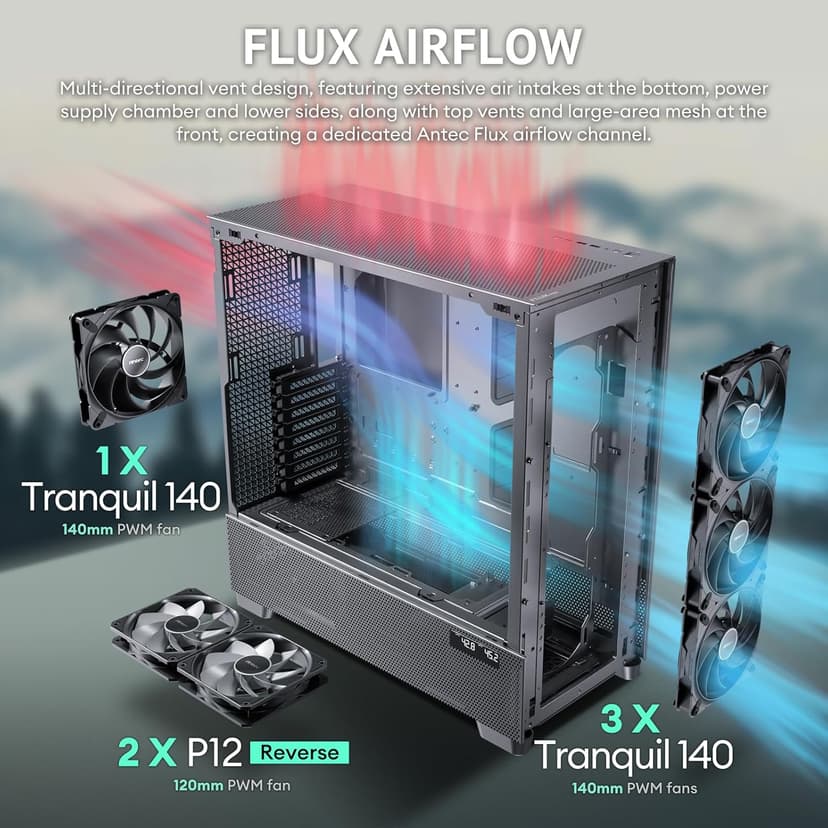 Antec Flux Pro, 6 x PWM Fans Included, High-Airflow Front Panel with Walnut Wood, iShift PSU 90° Mount, USB3.0 x 2, Type-C, 420mm Radiator Support, Temp. Display, Full-Tower E-ATX PC Case