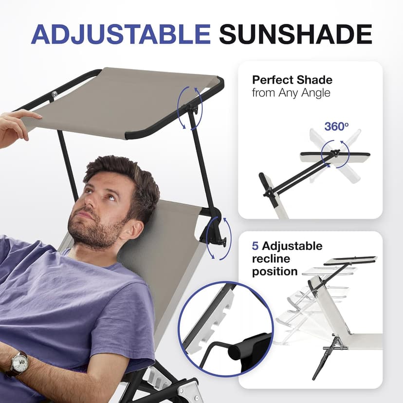 ComfySure Folding Outdoor Lounge Chair Set of 2 with Adjustable Shade Canopy, Portable Sun Tanning Chairs, Gray (1, Taupe)