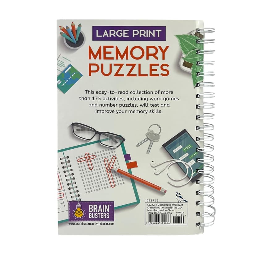 Large Print Memory Puzzles: 175+ Puzzles and Activities for Adults to Exercise Memory and Improve Focus - Includes Spiral Bound / Lay Flat Design and ... Font for Easy Reading (Brain Busters) 1646385039