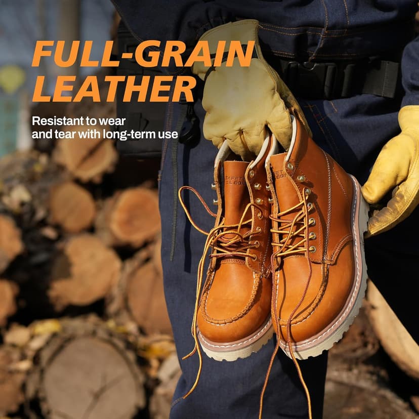 SAFETY LOONG Moc Toe Work Boots for Men Soft Toe Comfortable Full-Grain Leather 6" Non Slip and Water Resistant Safety Ankle Workboots
