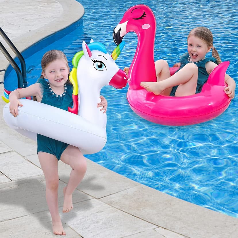 2 Pack Pool Floats for Kids Unicorn Flamingo Swim Ring Kids Pool Floaties Inflatable Swimming Pool Raft Party Water Toys for Age 2-5 Year Toddlers Girls Boys Summer Beach Float