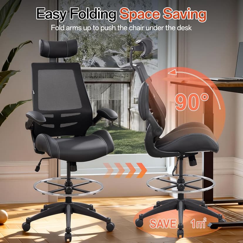 BOLISS Ergonomic Drafting Chair with 4-Level Adjustable Headrest Tall Standing Desk Stool with Soft Microfiber Leather Seat, Breathable Mesh Back, 90° Flip-Up Arms, and Adjustable Foot Ring