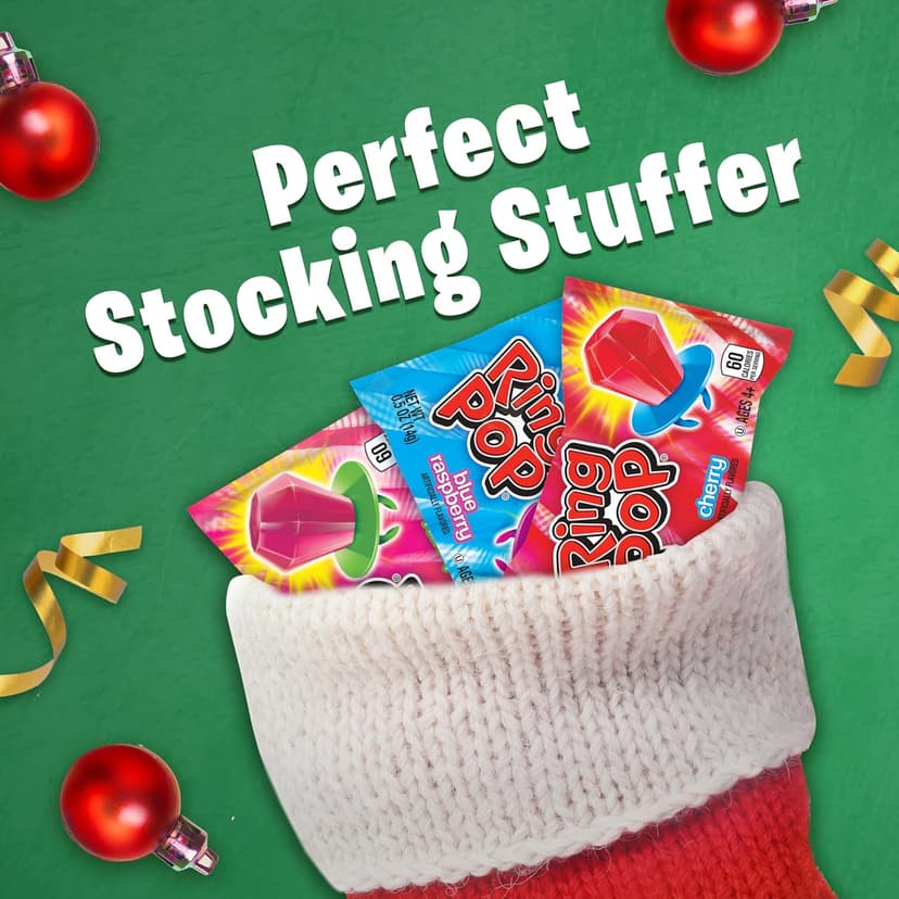 Ring Pop Candy, Christmas Lollipops, 20 Ct Party Favors in Assorted Fruity Flavors - Full Size, Bulk Variety Pack, Individually Wrapped Hard Candy For Stocking Stuffers, Holiday Gifts