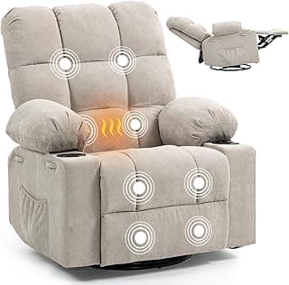 Quiet Massage Recliner Chair with Heat, 360 Swivel Rocker Glider for Nursing, Back Pain Relief, Manual Overstuffed Single Sofa with Cup Holders & Side Pockets, Oatmeal Gray
