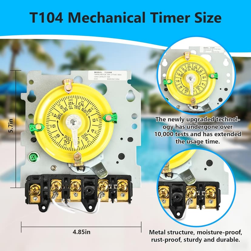 T104M Pool Timer Mechanism Only, 208-277V DPST 40A Time Switch, Pool Pump Timer, Heavy-Duty Mechanical Time Switches, 24 Hour 12 ON/Off for Pool Pump,Time Switch Mechanism Only, 6 Years Warranty