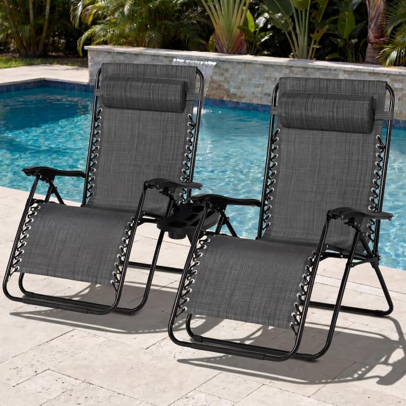Best Choice Products Set of 2 Extra Wide Adjustable Steel Mesh Zero Gravity Lounge Chair Recliners w/Pillows and Cup Holder Trays - Gray