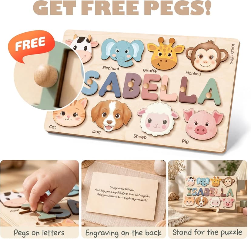 Personalized Name Puzzle for Toddlers 1-3 | Custom Wooden Baby Girl Gift with 48 Animal Art Sets | 1st Birthday Gift for Girls | Personalized Baby Boy & Girl Gifts Keepsake B0GSZSCM69