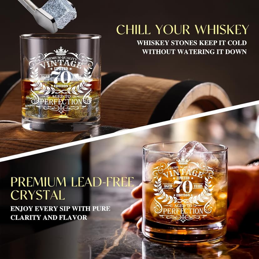 70th Birthday Gifts for Men Whiskey Glass Set, 70th Birthday Party Supplies with 11 Oz Whiskey Glass Coaster Stone Baseball Cap Apron Sock Funny Toilet Paper Keychain for Him, Dad, Husband, Friends