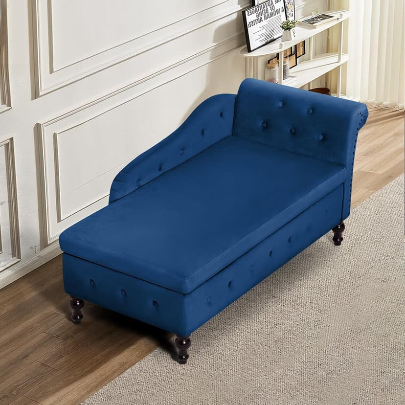 Upholstered Chaise Lounge with Right Armrest & Lumbar Pillow,Button Tufted Lounge Sofa with Storage,Lounge Chair Indoor,Modern Velvet Lounge Chair for Bedroom, Living Room and Office,Blue