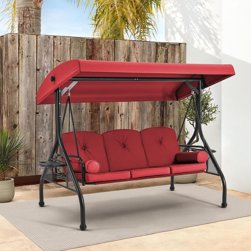 HOMREST 3 Seat Outdoor Porch Swing with Adjustable Canopy, Convertible Patio Swing Bed with Stand, Patio Glider Swing with Upgraded Cup Holder, Thicken Cushions & Pillow for Backyard(Wine Red)