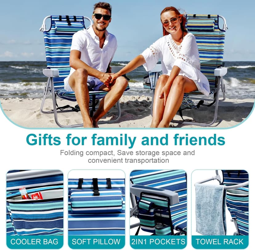 Yestomo Beach Chairs for Adults Heavy Duty, Compact Portable Lay Flat Folding Chair with Backpack Straps and Large Cooler Pouch, Support to 350LBS (Stripes_Blue&Cyan)
