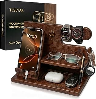 TESLYAR Wood Phone Docking Station for Men - Desk or Nightstand Organizer - Birthday Gifts for Husband, Dad - Anniversary Idea from Wife - Key Holder, Stand Wallet, Watch & Essentials (Bourbon Brown)