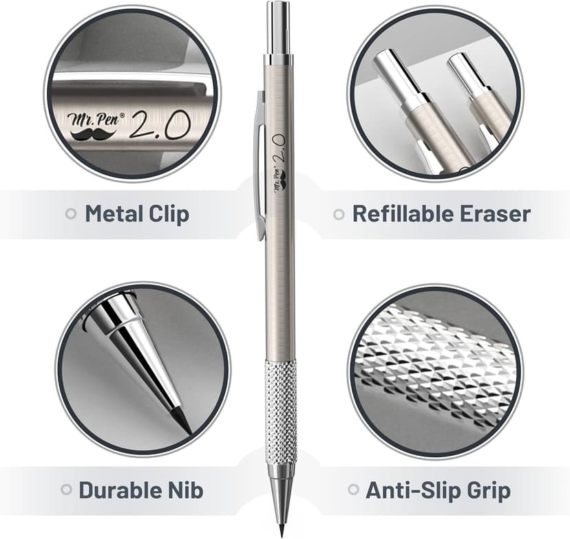 Mr. Pen- Metal Mechanical Pencil Set with Lead and Eraser Refills, 5 Sizes, 0.3, 0.5, 0.7, 0.9, 2mm, Drafting, Sketching, Architecture, Drawing Metal Mechanical Pencils