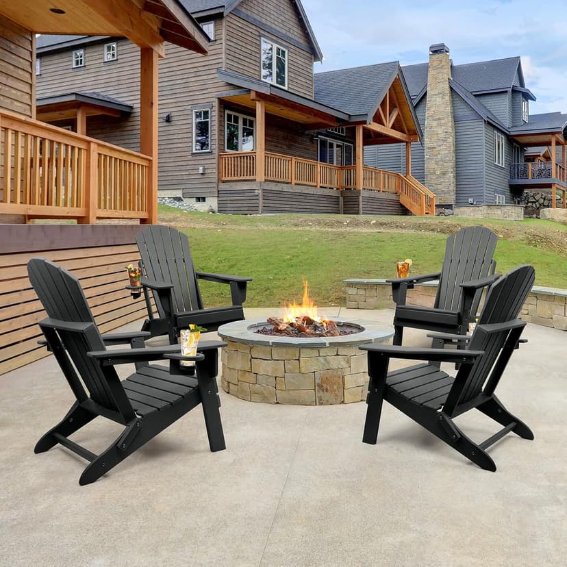 FUNBERRY Folding Adirondack Chair Set of 4, All Weather HDPE Fire Pit Chairs with Cup Holder for Outdoor