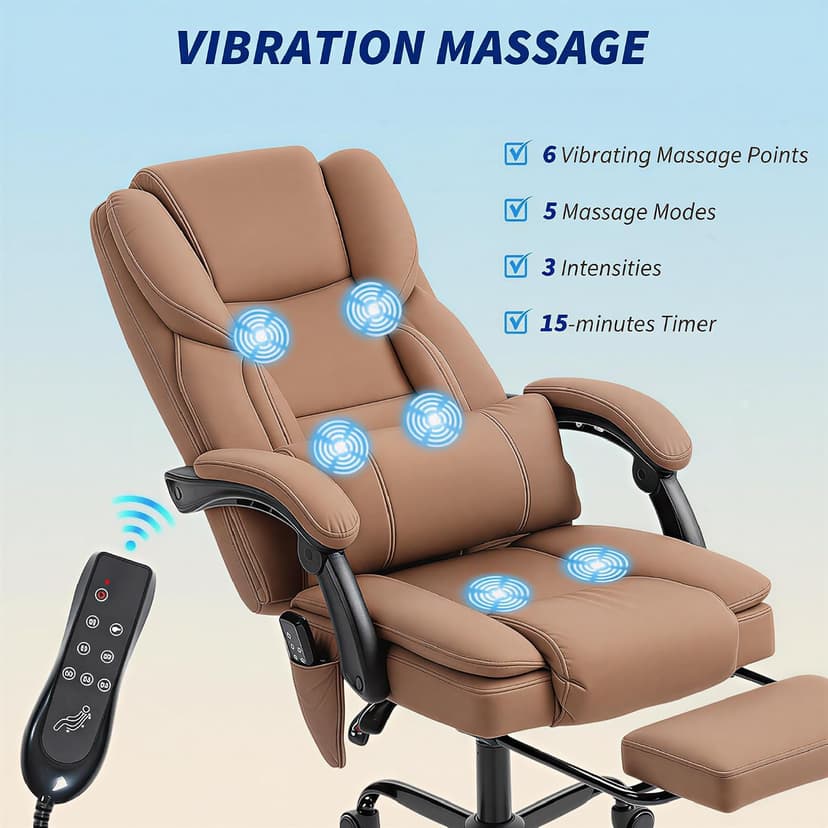 HOMCOM Massage Office Chair with Foot Rest and 6 Points Vibration, Executive Office Desk Chair with Scratch-Resistant Faux Leather, Reclining Back, Comfy Lumbar Support, Remote, Brown