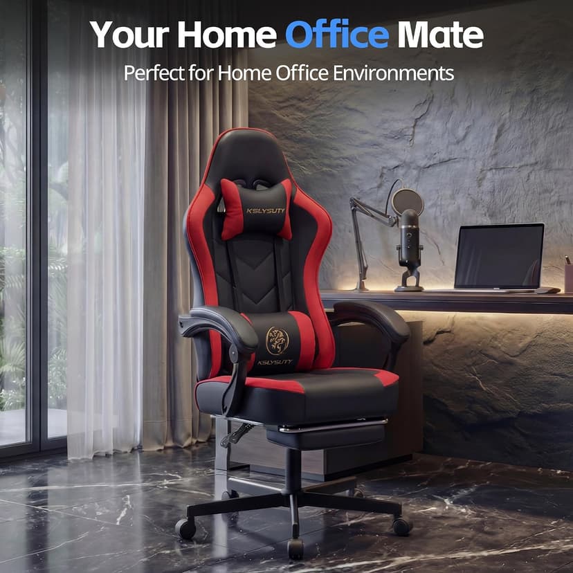 Desk Computer Gaming Chair - High Back Ergonomic Office Chair with Footrest and Lumbar Support, Swivel Comfy Home Gamer Video Game Chairs with Pocket Spring Cushion for Adults (Red Leather)