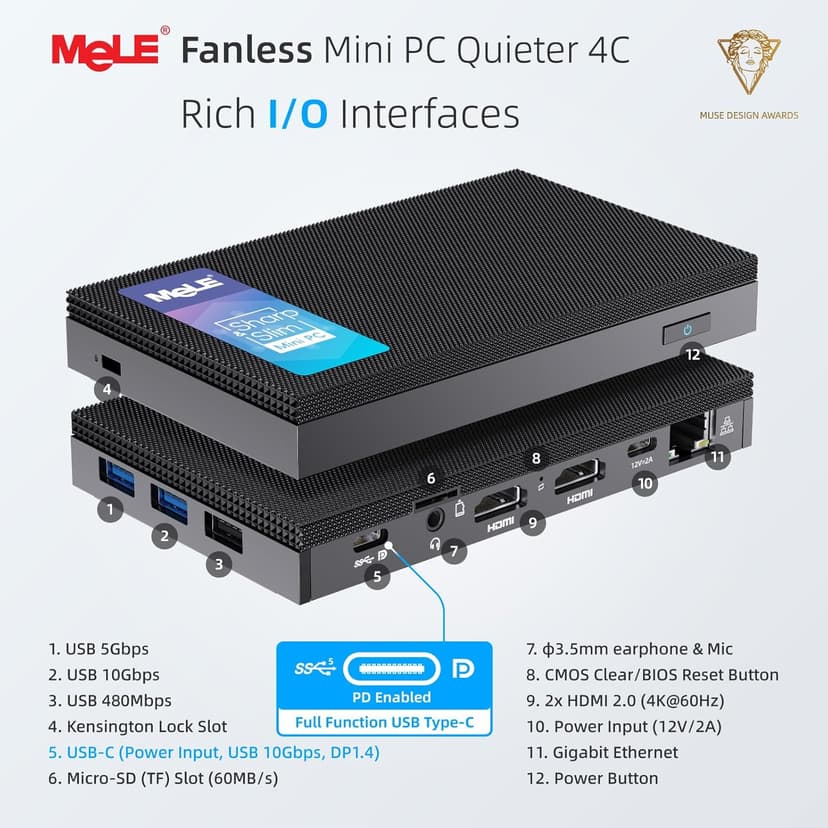 MeLE Quieter4C N150 Fanless Mini PC with Win-11-Pro,16GB RAM LPDDR5 512GB SSD Micro Desktop Computer,Dual HDMI,Support 4K Triple Display USB3.2x3,USB-C,WiFi BT5.1,Small Portable PC Industrial Business