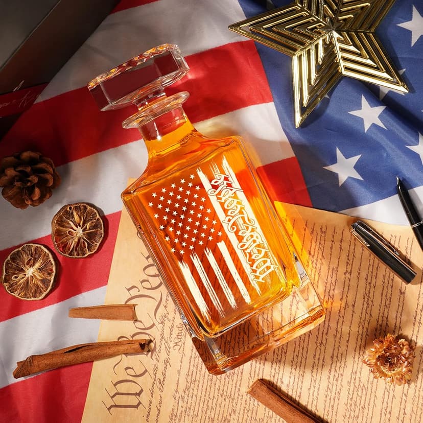 PONPUR Whiskey Decanter Engraved We The People American Flag, 750ml Whiskey Decanter Set with 2 Glasses, Christmas Boss Day Patriotic Birthday Gifts For Men Dad, Liquor Scotch Bourbon Presents
