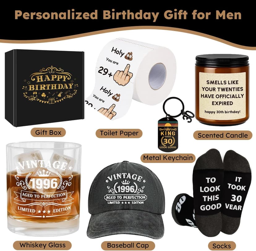 30th Birthday Gifts for Men, 30th Men’s Birthday Gifts for Men Who Have Everything Vintage 1996 Whiskey Glass Baseball Cap 30 Year Old Funny Personalized Birthday Gifts for Him Husband Boyfriend Dad B0FVFCPSLS